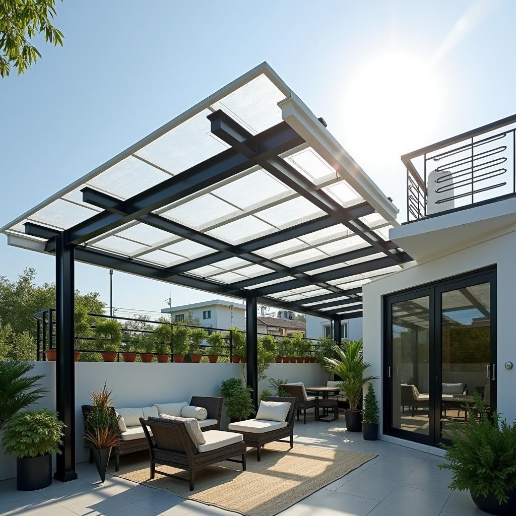 Mau mai che binh duong bang tam nhua polycarbonat hien dai cho san thuong lay sang tot